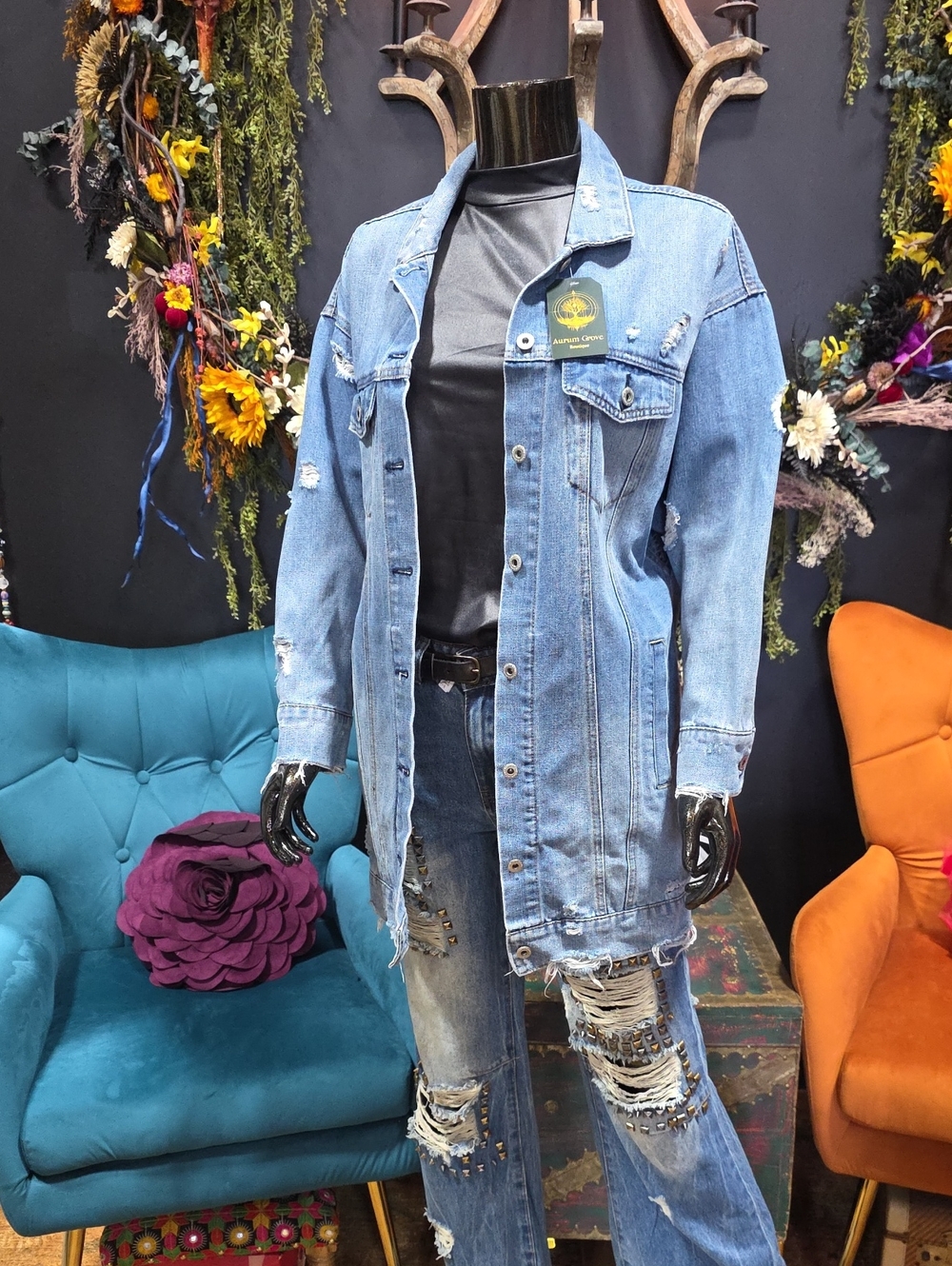 Highway Jeans Long Denim Jean Jacket with Distressed Detail